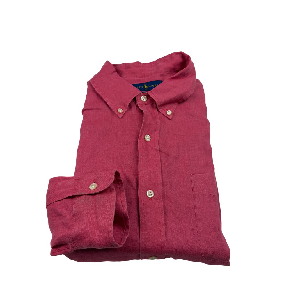 Ralph Lauren Mens XL Classic Fit 100% Linen Button Down Shirt Pink‎ Long Sleeve